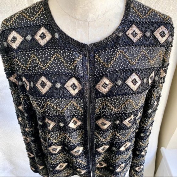 Vintage 70s M Beaded Print Open Jacket Cardigan - Picture 6 of 8